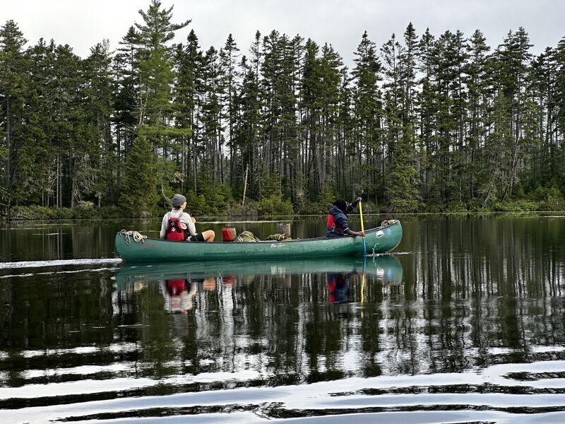 A serene image captures two people canoeing on a calm lake, surrounded by a dense forest of tall, green trees. The reflections of the trees and the canoe create a mirrored effect on the water's surface, enhancing the tranquil atmosphere. The canoe is green, and the paddlers appear to be enjoying a peaceful day in nature.
